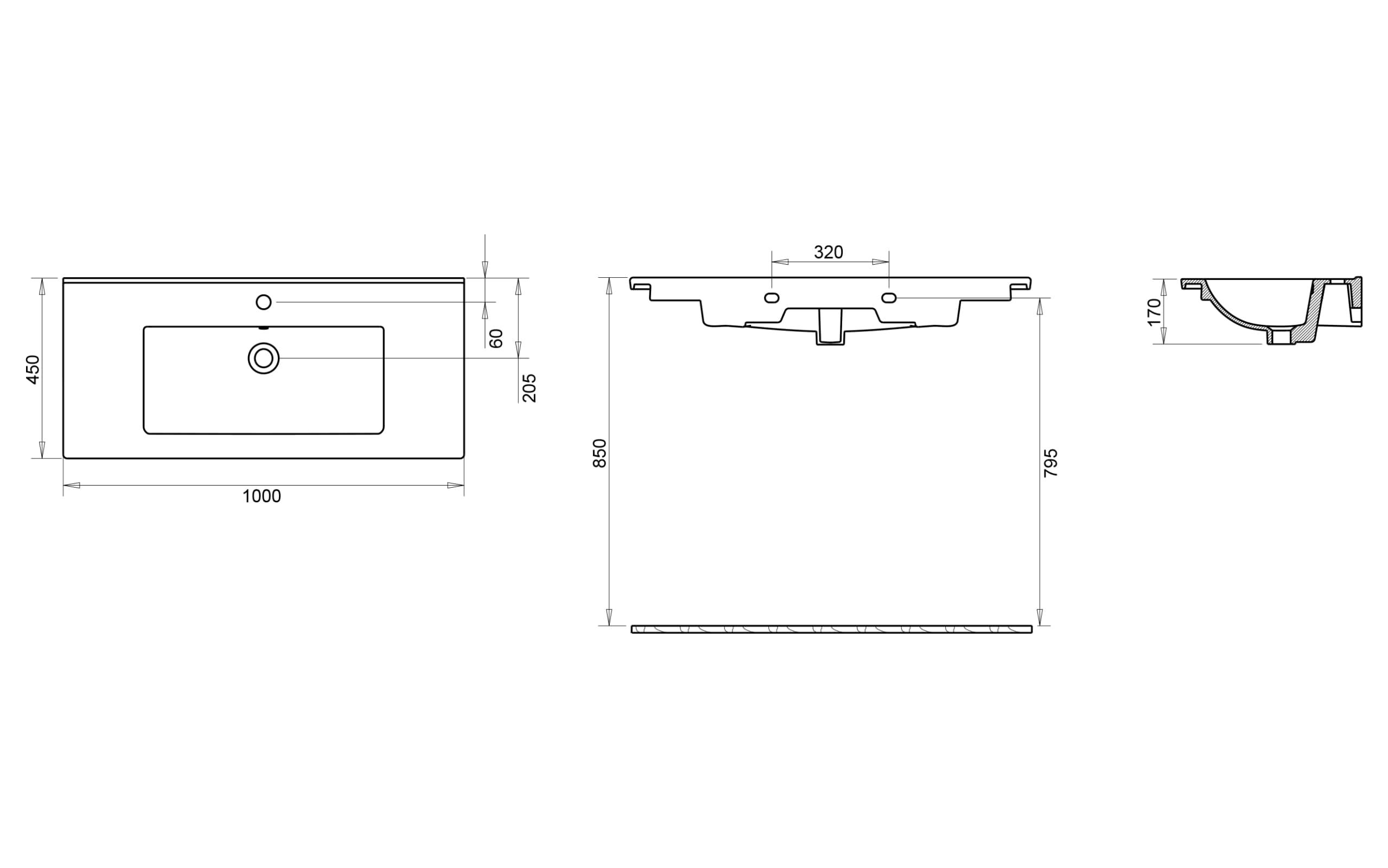 Bella Lavabo 100 cm - Teknik Çizim