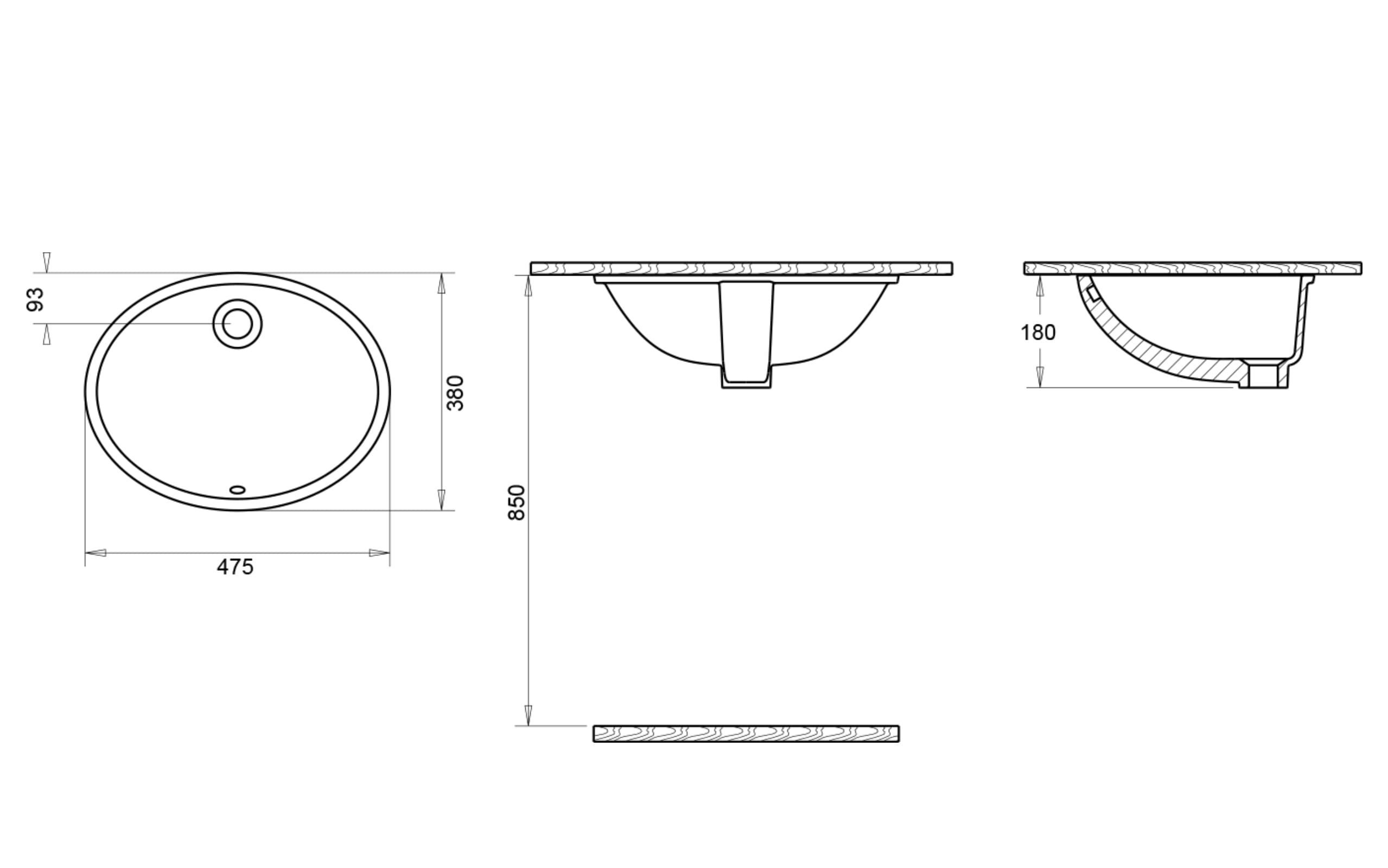 Hilton Oval Tezgah Altı Lavabo 37x47 cm - Teknik Çizim