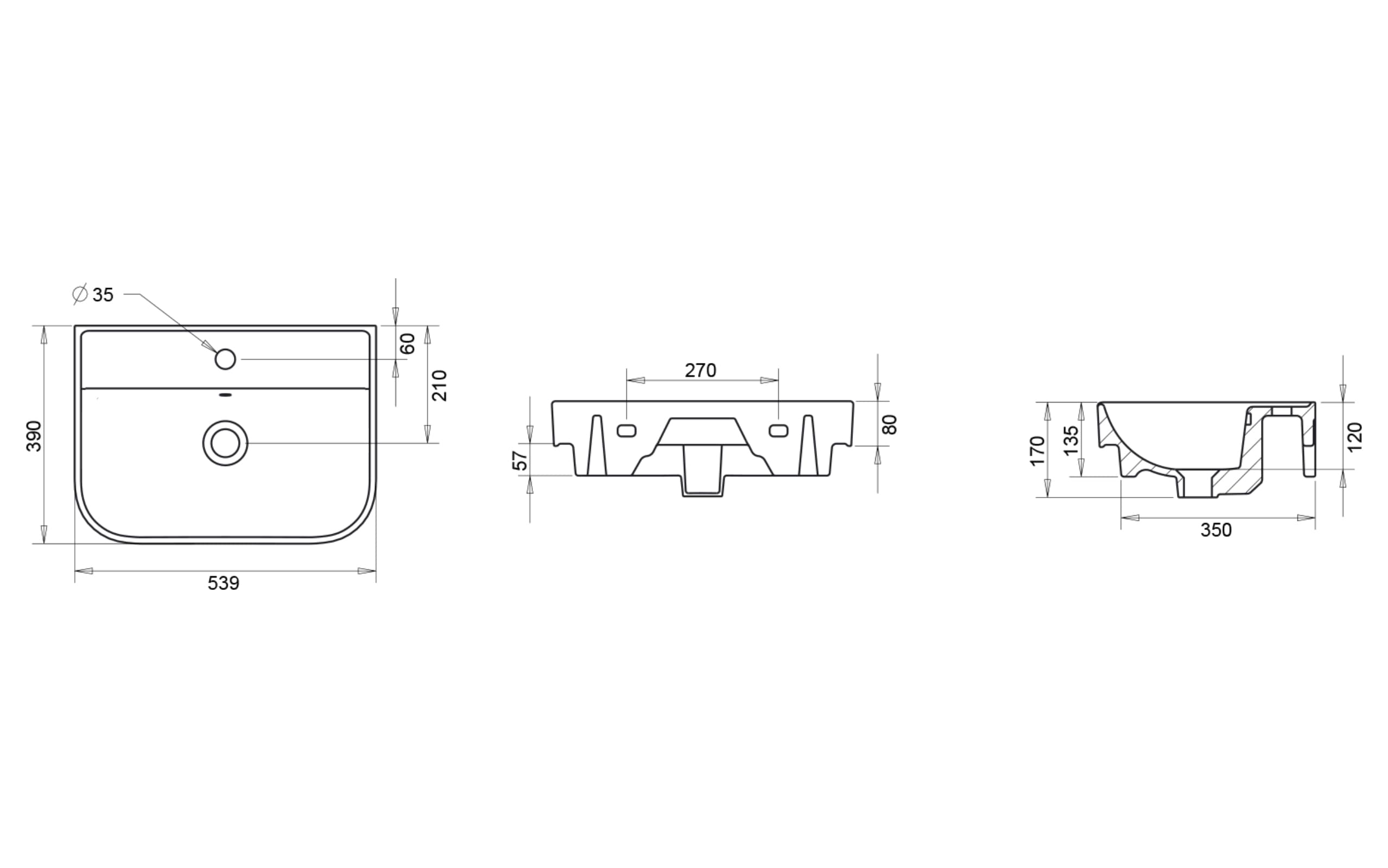Luna Slim Lavabo 55 cm - Teknik Çizim
