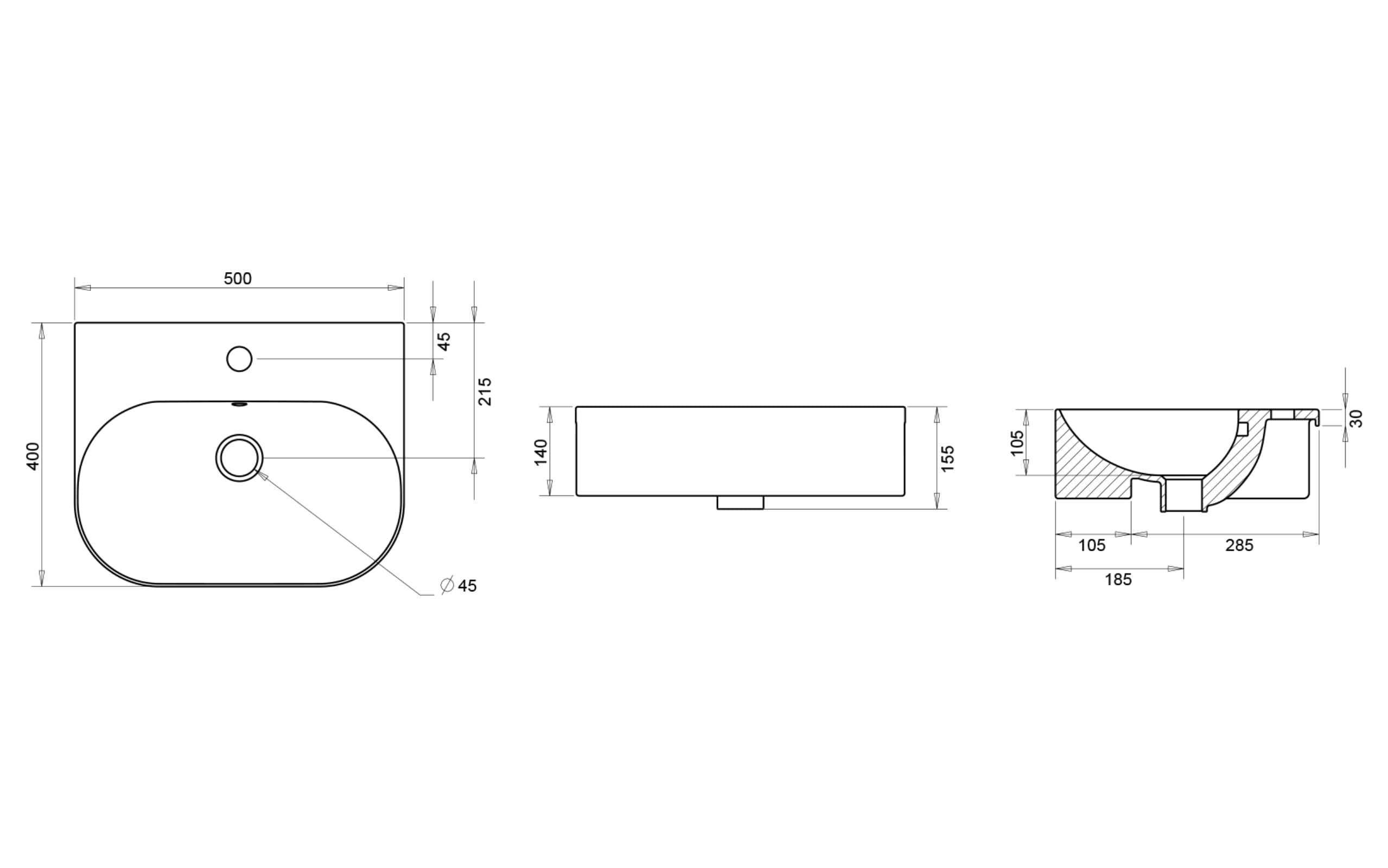 Nef Yarı Ankastre Lavabo 40x50 cm - Teknik Çizim