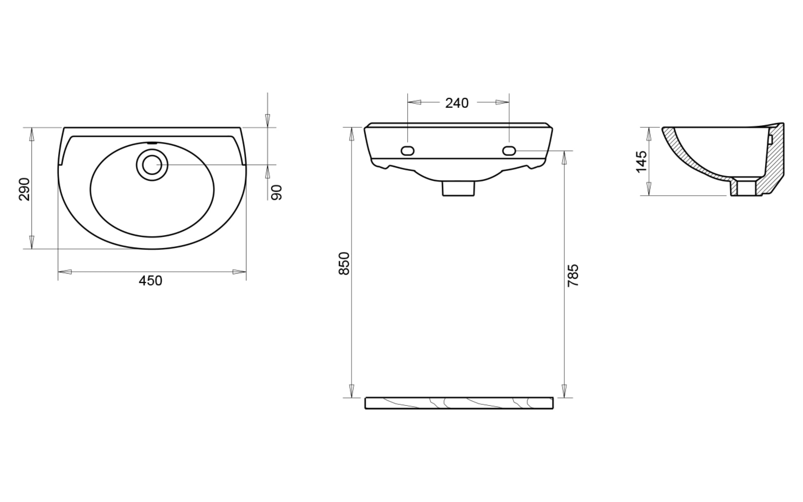 Oval Lavabo 28x45 cm - Teknik Çizim