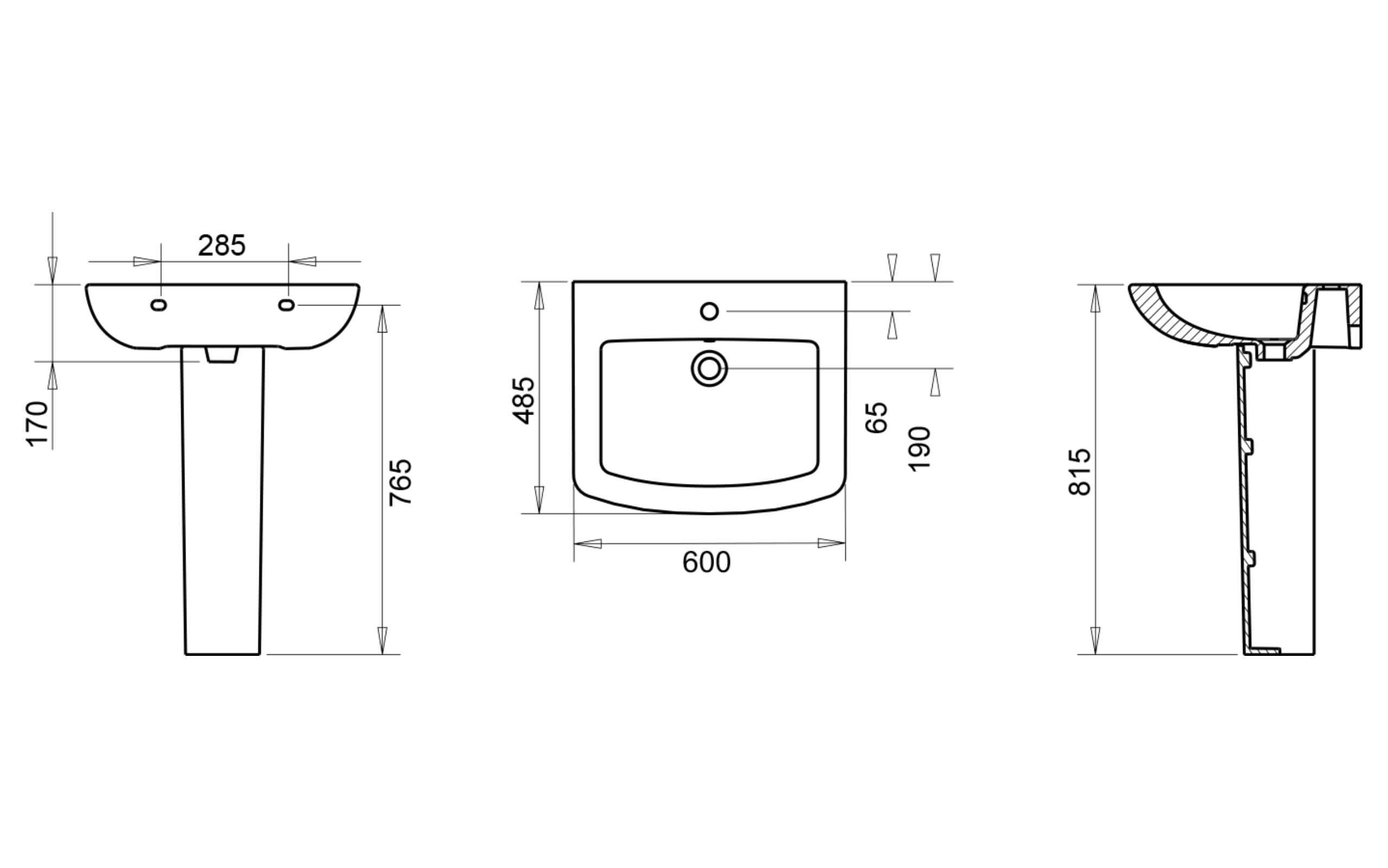 Plaza Kolon Ayak Lavabo 60 cm - Teknik Çizim