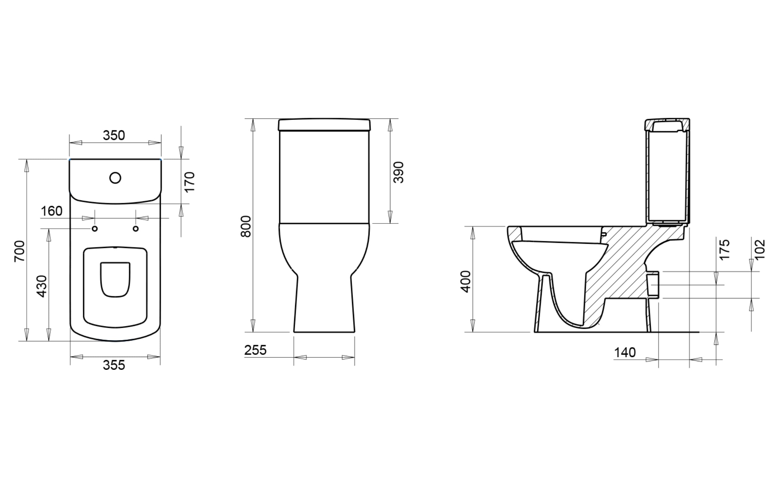 Plaza Arkadan Çıkışlı Klozet + Slim Rezervuar - Teknik Çizim